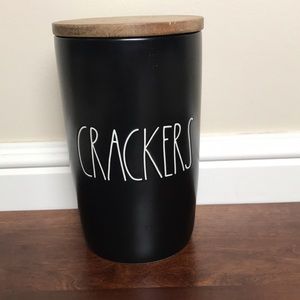 Rae Dunn CRACKERS Canister Black w/ Wood Lid